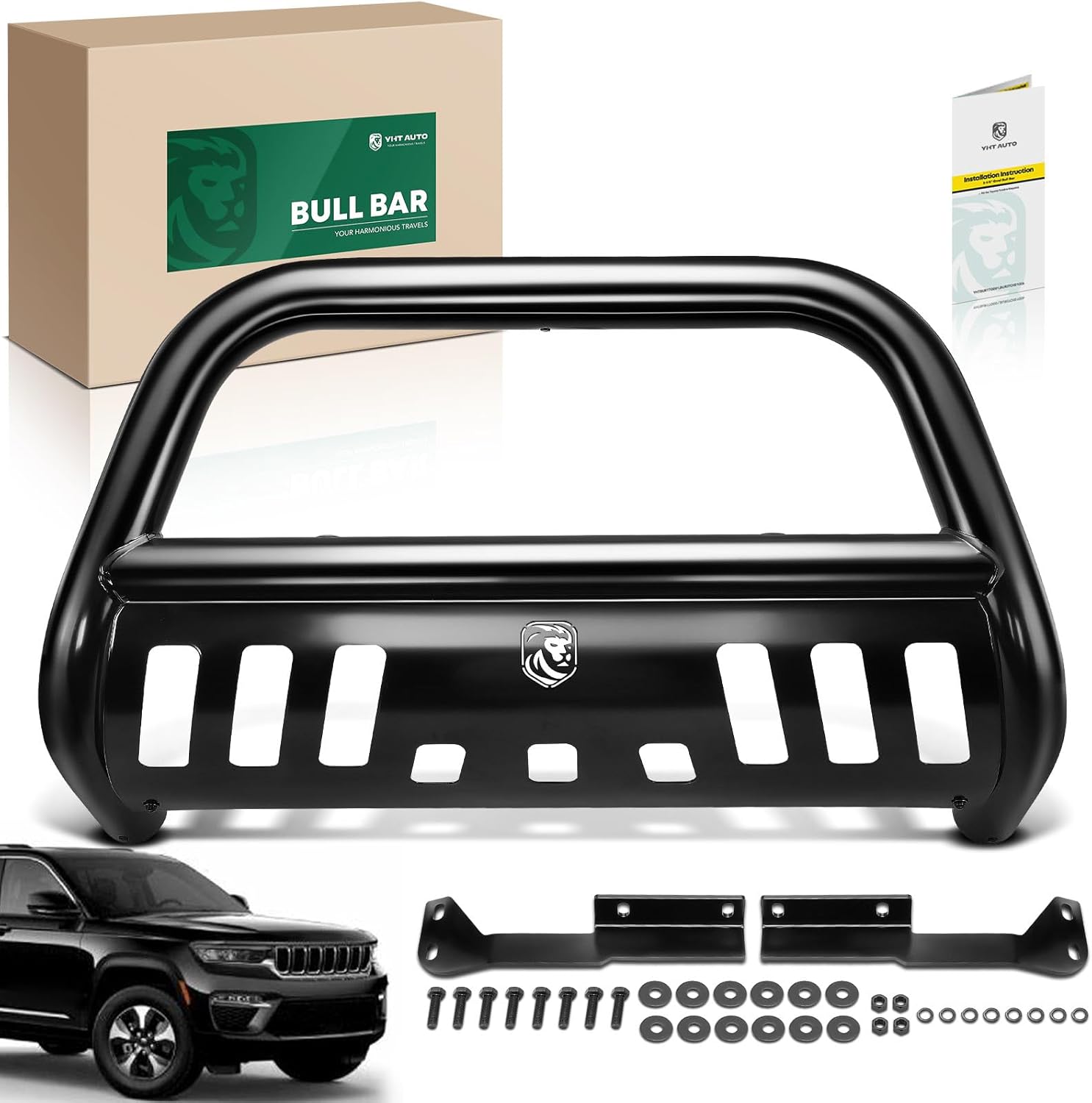 yhtauto 2.5" bull bar push bar with skid plate light mount fit dodge & jeep models, grand cherokee 11-21, grand cherokee wk 22, durango 11-13, w/o light, alloy steel brush guard for truck front bumper