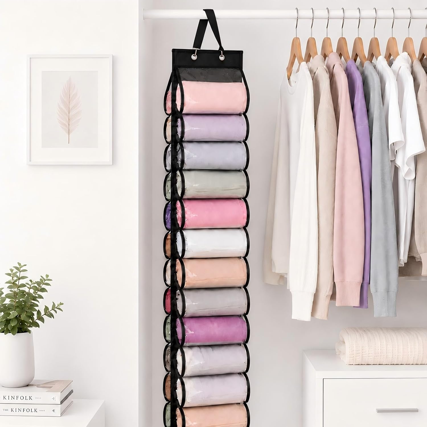 Legging Organizer for Closet, 24 Pocket, Black | Hanging Storage Bag, For Yoga Pants, T Shirts and Socks, Foldable