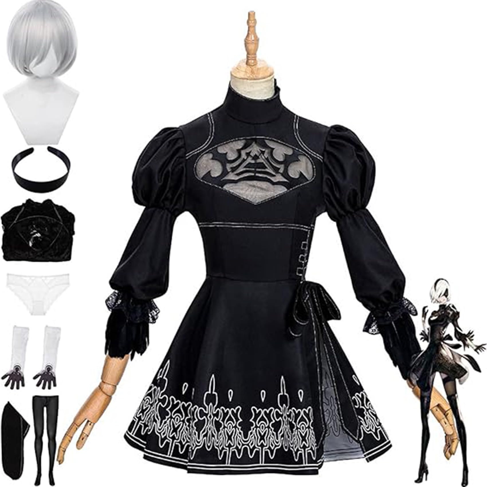 RUIZE Men Women NieR Automata Yorha No. 2 Type B Cosplay Costume with Wig,Game Characters Black Dress Uniform Full Set Halloween Party Carnival Suit