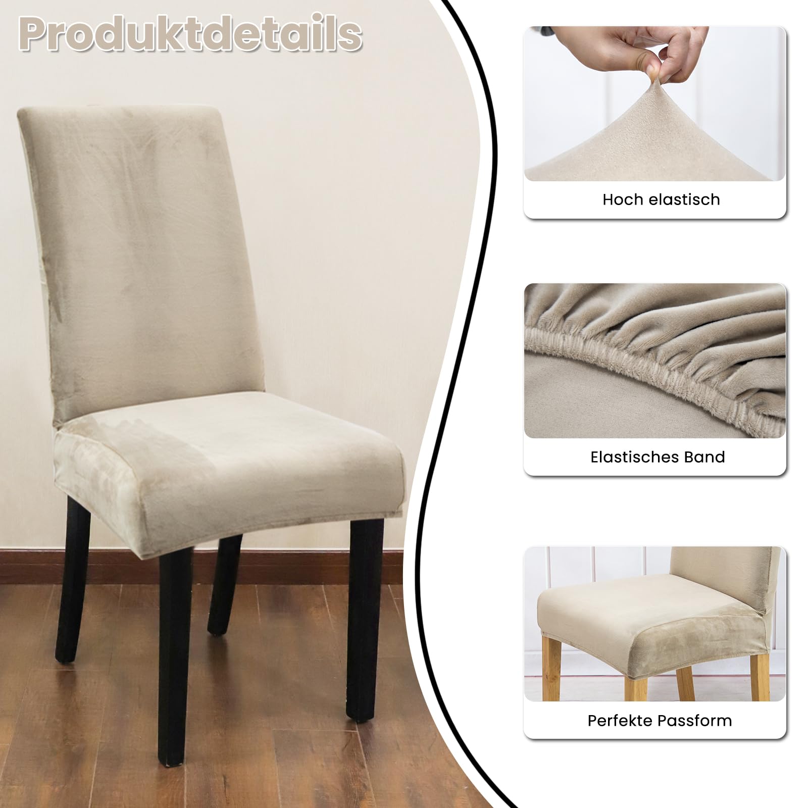 Stuhlhussen Samt 6er Set, Hussen Für Stühle, Stretch Stuhlbezug, Champagne | Universell Stuhlhussen Schwingstühle, Waschbarer Stühle Schutz Für Esszimmer Küche Restaurant Hotel Bankett Hochzeit Party