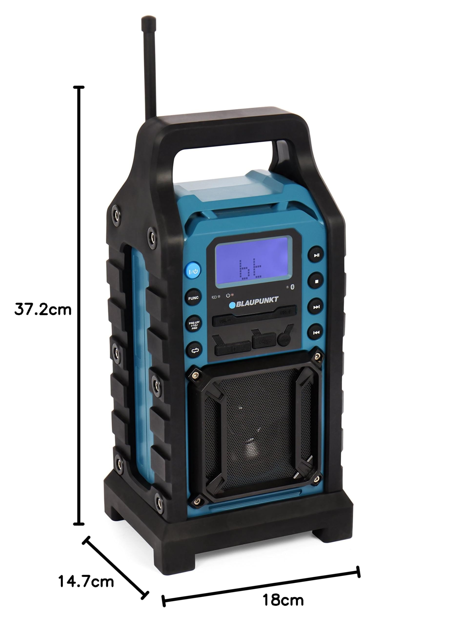 Blaupunkt BSR 10 obras con radio PLL FM, Bluetooth, USB, SD, Aux-in, carcasa robusta, funciona con batería Azul