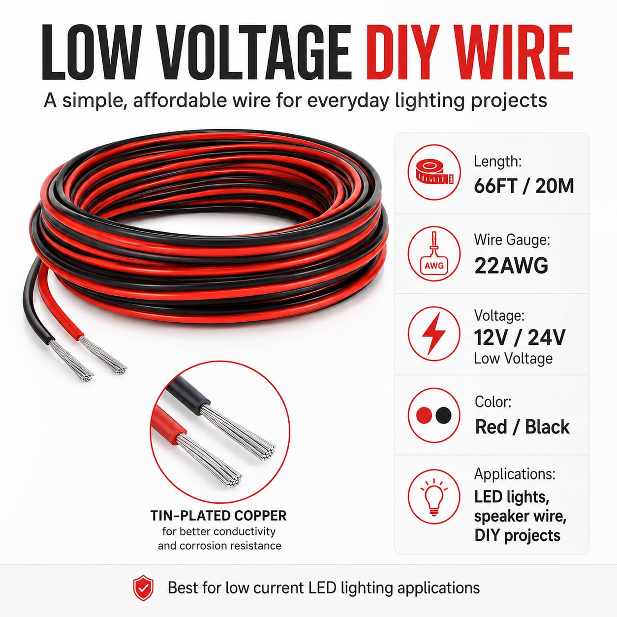 Cable de extensión de luz RV para tira de luces interiores LED, cables de 66 pies y 22 AWG para caravana, caravana, remolque, carga, furgoneta, techo, techo, toldo, porche, luz subterránea
