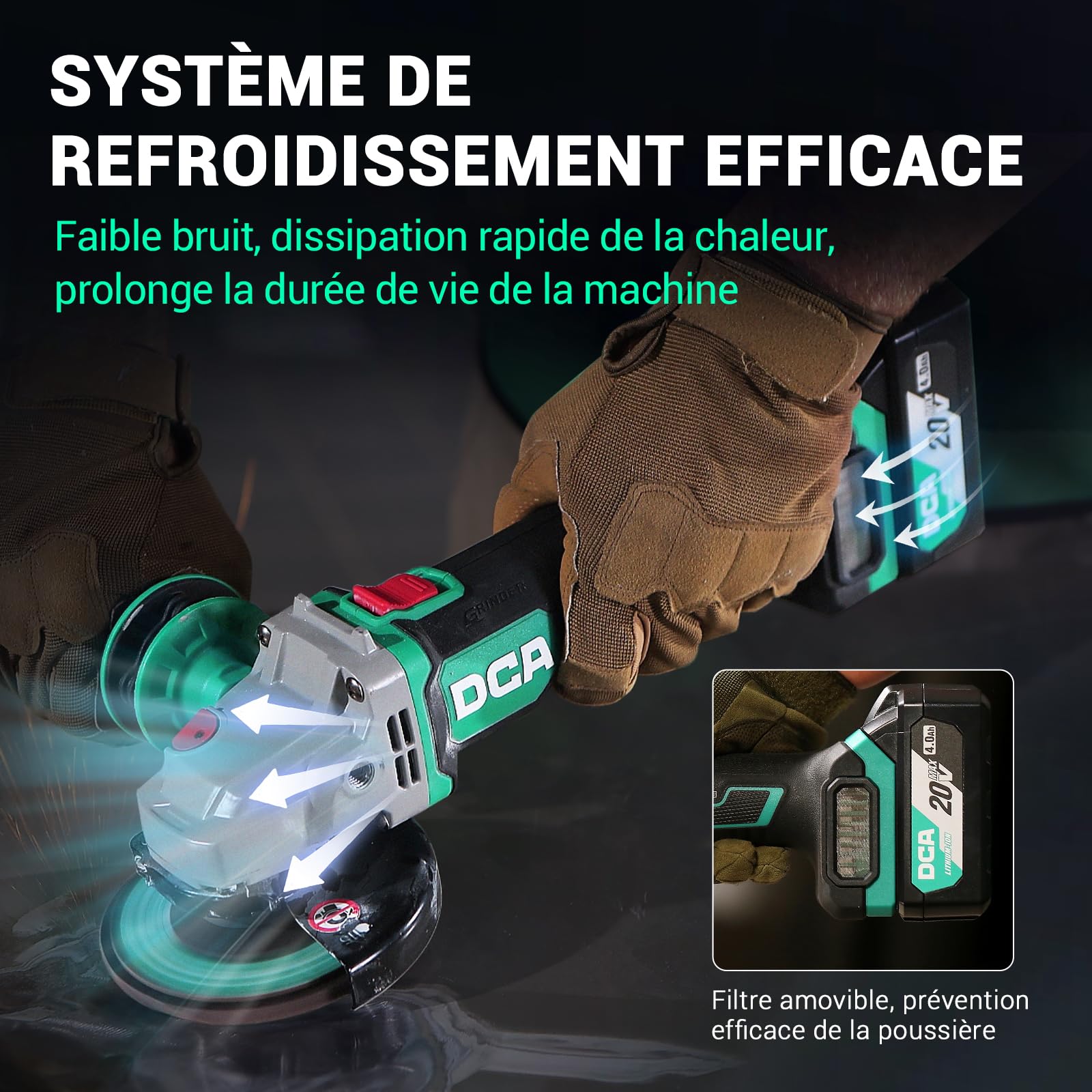 DCA Meuleuse d'angle Sans fil Sans balai 20V, Ø125mm, incl. Batterie 4.0Ah & Chargeur Rapide, 8500 tr/min Meuleuse d'angle avec Capot à Fermeture Rapide, 6 Disques pour Tronçonner, Poncer