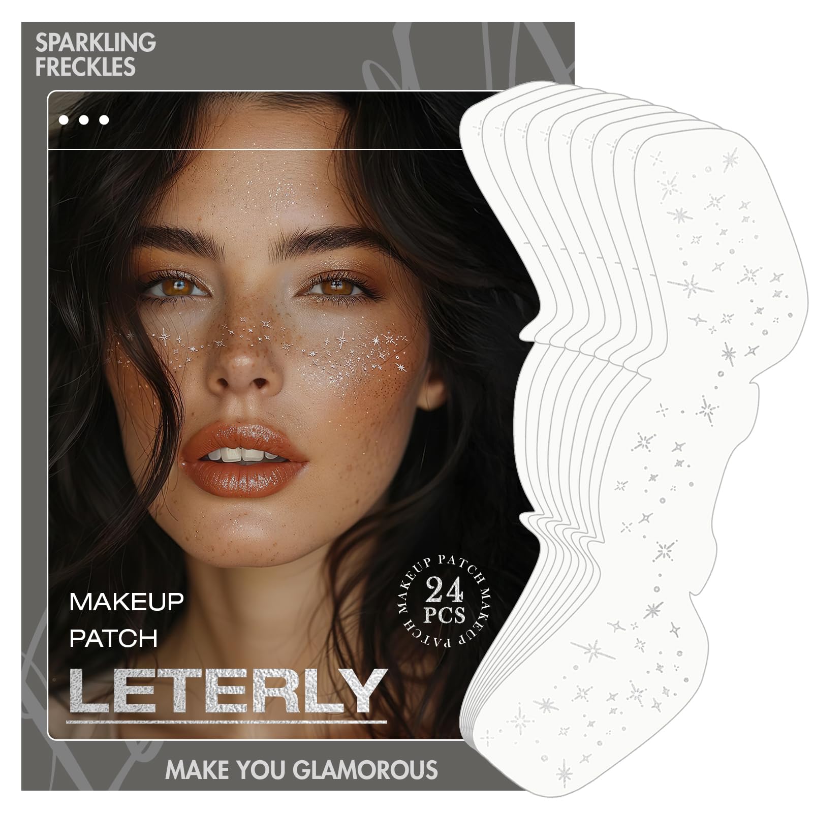 Leterly 24 Pcs Glitter Freckles Face Tattoo,Silver Face Glitter Makeup Patches Cute Sparkle Freckles Patches Waterproof Makeup Speckles for Face