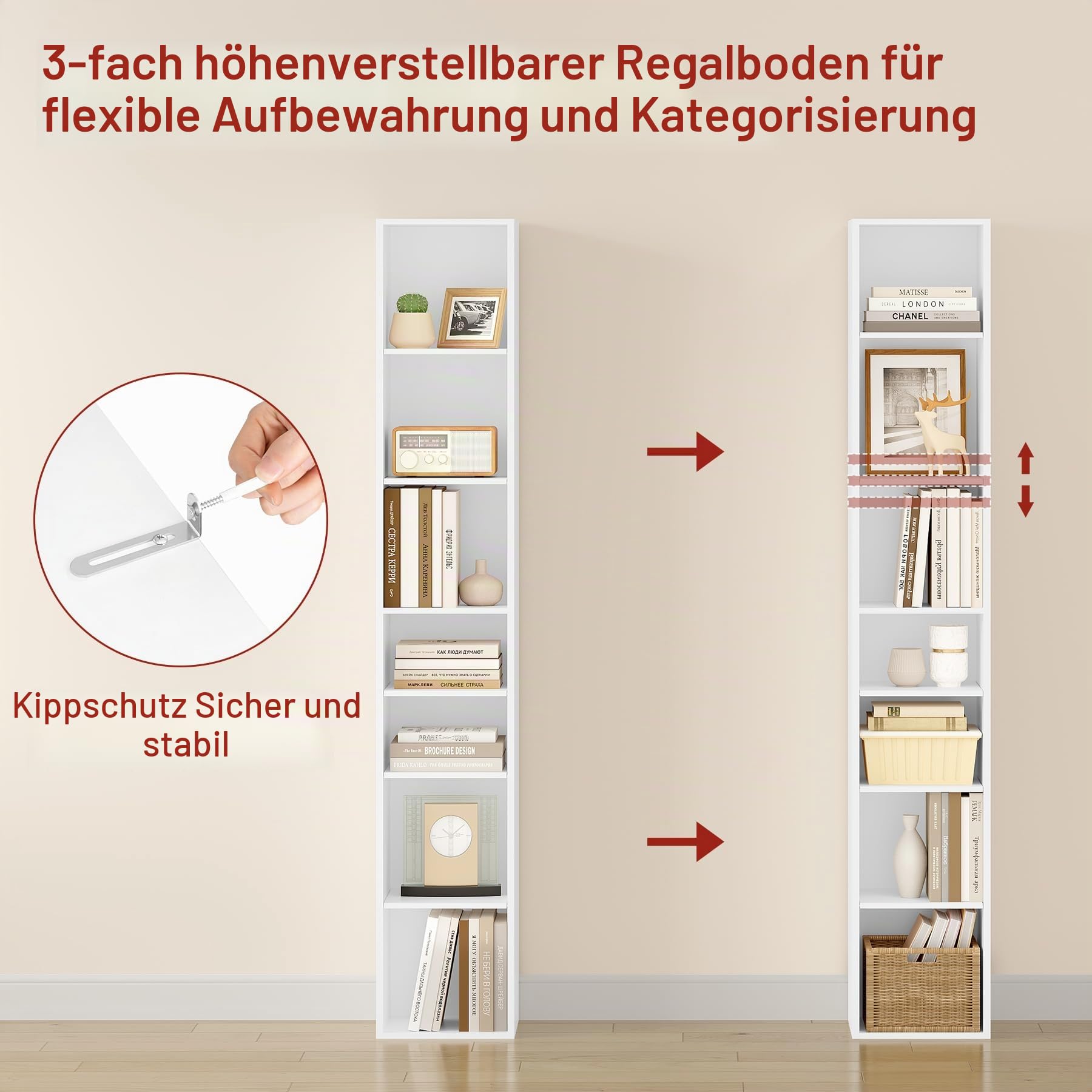 WOLTU Bücherregal, offenes Regal mit 7 Würfeln, Würfelregal Raumteiler Standregal Aktenregal Aufbewahrungsregal schmal, in Wohnzimmer Büro, aus Holzwerkstoff, Weiß, 30x26x178,5 cm
