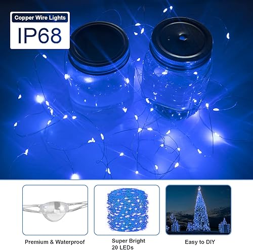 Miniatura 5 de Paquete de 12 guirnaldas de luces azules que funcionan con pilas, 3 modos de velocidad, 12 baterías adicionales para reemplazo, 20 luces LED de 7