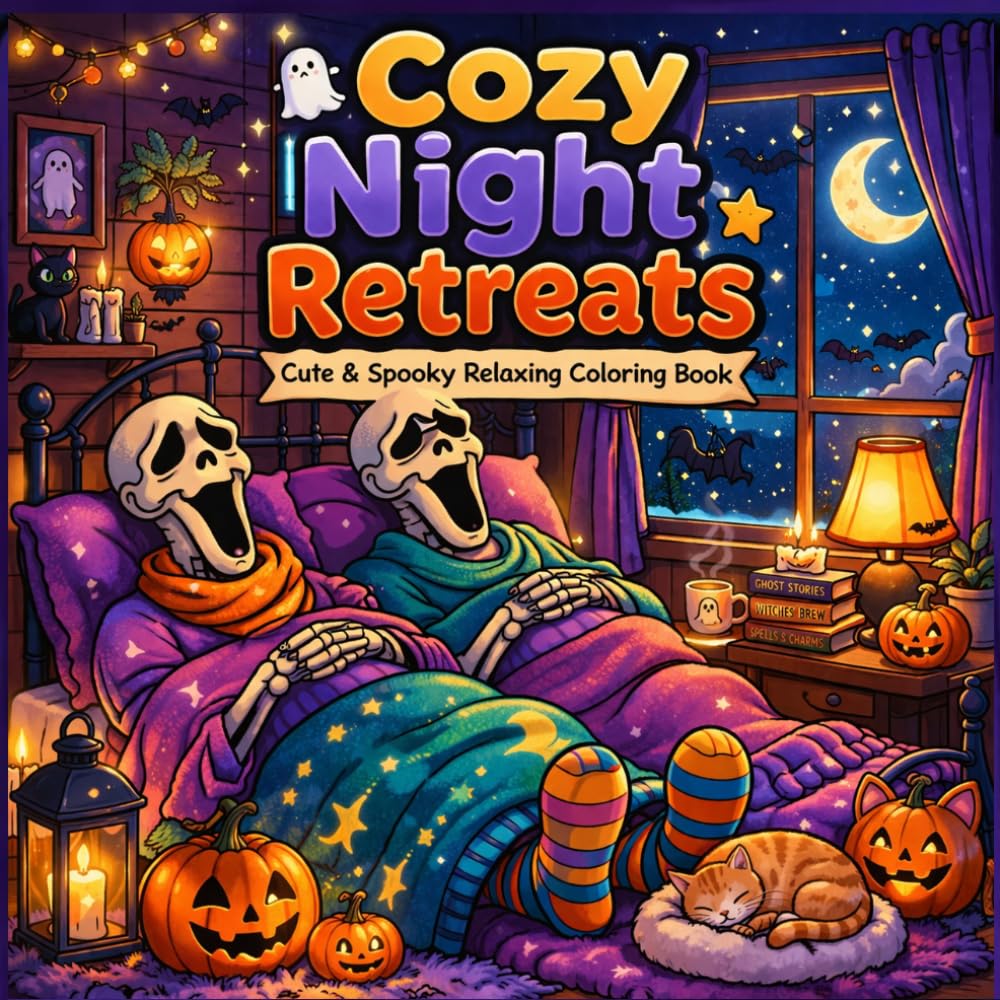 Cozy Night Retreats: Cute & Spooky Relaxing Scenes | Bold & Easy Cozy Horror Coloring Book for Teens & Adults