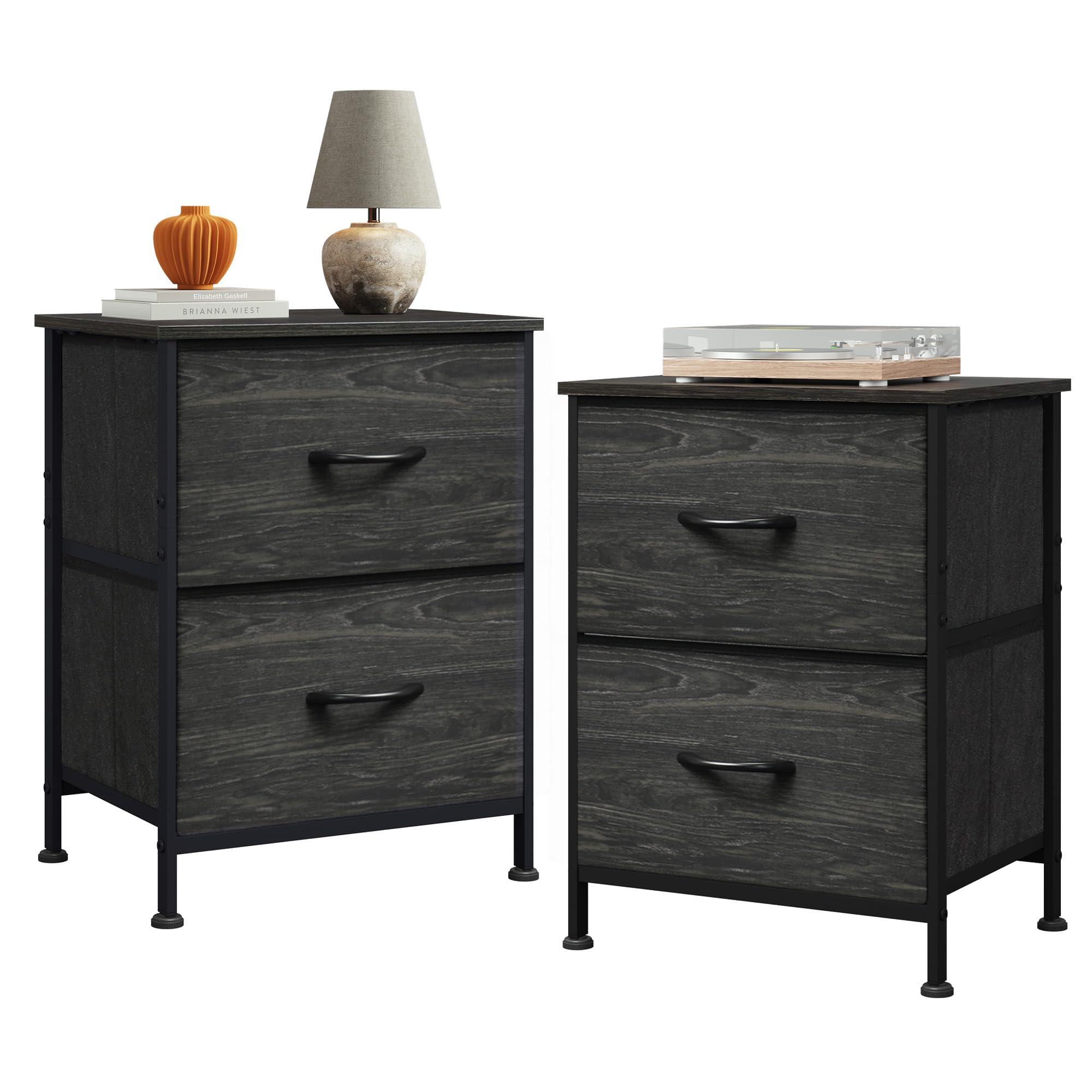 WLIVE Night Stand Set 2, Nightstand with 2 Fabric Drawers, Small Dresser for Bedroom, Bedside Table for Small Spaces, Dorm, Charcoal Black Wood Grain Print