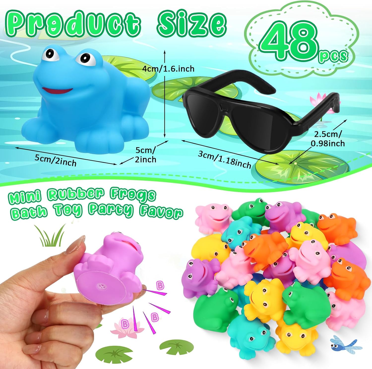 Halloscume 48 Pack Mini Rubber Frogs Bulk with Sunglasses Small Squeaky and Floating Frog Toy Swimming Shower Frog for Summer Birthday Party Classroom Exchange Carnival Prize