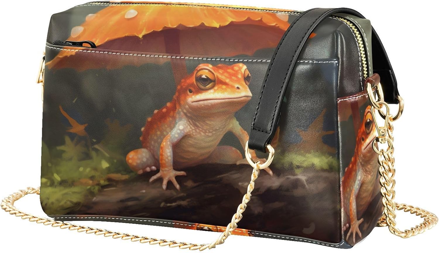 Cute Mushroom Frog Women's PU Leather Crossbody Bag Shoulder Handbag Cellphone Purse with Metal Chain Strap Water Resistant Zipper Closure