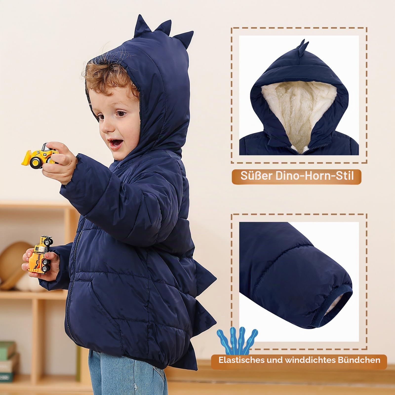 kids4ever Baby Winterjacke Jungen Mädchen Mantel Dinosaurier Kapuzenjacke Warm Fleece Wintermantel Kleinkind 6M-5Y
