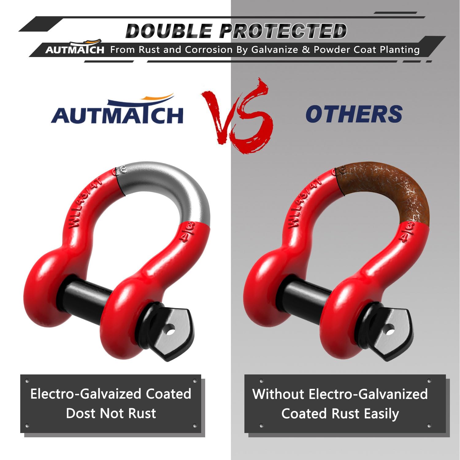 AUTMATCH D Ring Beugel 3/4 Shackles (2 Pack) 41.887Ibs Break Strength met 7/8 Schroef Pin en Shackle Isolator Wasmachines Kit voor Trekband Lier Off Road Voertuig Herstel Rood & Zwart