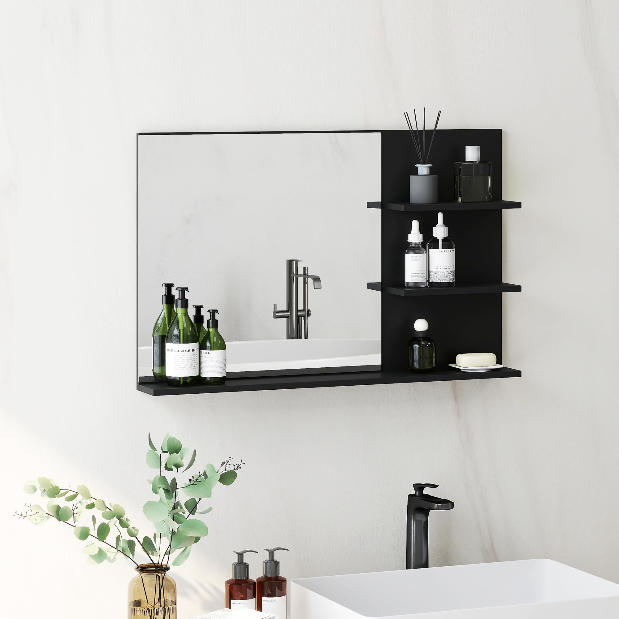 kleankin Miroir de Salle de Bain Moderne avec 2 étagères latérales et Une étagère inférieure, Miroir Mural en MDF et Verre, 75x10x48 cm, Noir