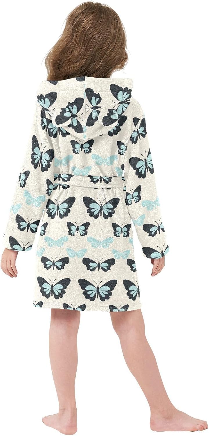 senya Blue Butterflies Toddler Hooded Bathrobe Kids Soft Plush Bath Towel Robes for Boys Girls 2-12 Years