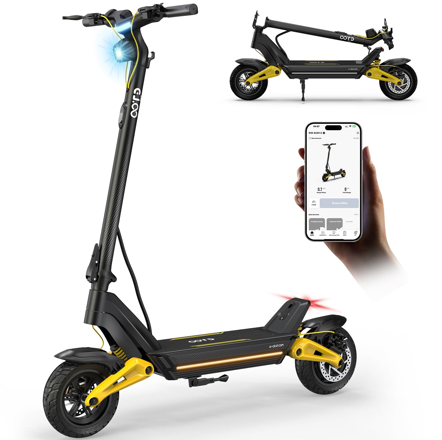 OOTD S10 Patinete Eléctrico Adultos, 10 Pulgadas E Scooter con Batería 48V 20AH 1400W Pot. Máxima Autonomía 35-80 KM, Suspensión Delantera y Trasero de Resorte & Conectividad App, hasta 120 kg