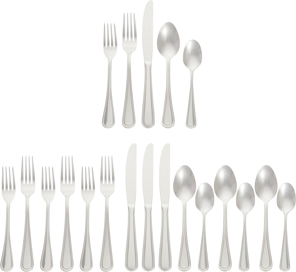 Amazon Basics Juego de cubiertos de acero inoxidable, apto para lavavajillas, servicio para 4, tenedores y cucharas de 20 piezas, borde de corona, uso diario