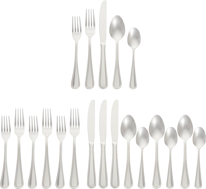 Amazon Basics Juego de cubiertos de acero inoxidable, apto para lavavajillas, servicio para 4, tenedores y cucharas de 20 piezas, borde de corona, uso diario
