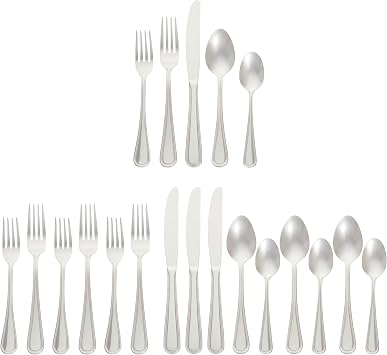 Amazon Basics Silverware Set, Stainless Steel Flatware, Dishwasher Safe, Service for 4, 20-Piece Forks and Spoons, Crown Edge, Everyday Use