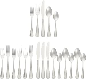Amazon Basics Silverware Set, Stainless Steel Flatware, Dishwasher Safe, Service for 4, 20-Piece Forks and Spoons, Crown Edge