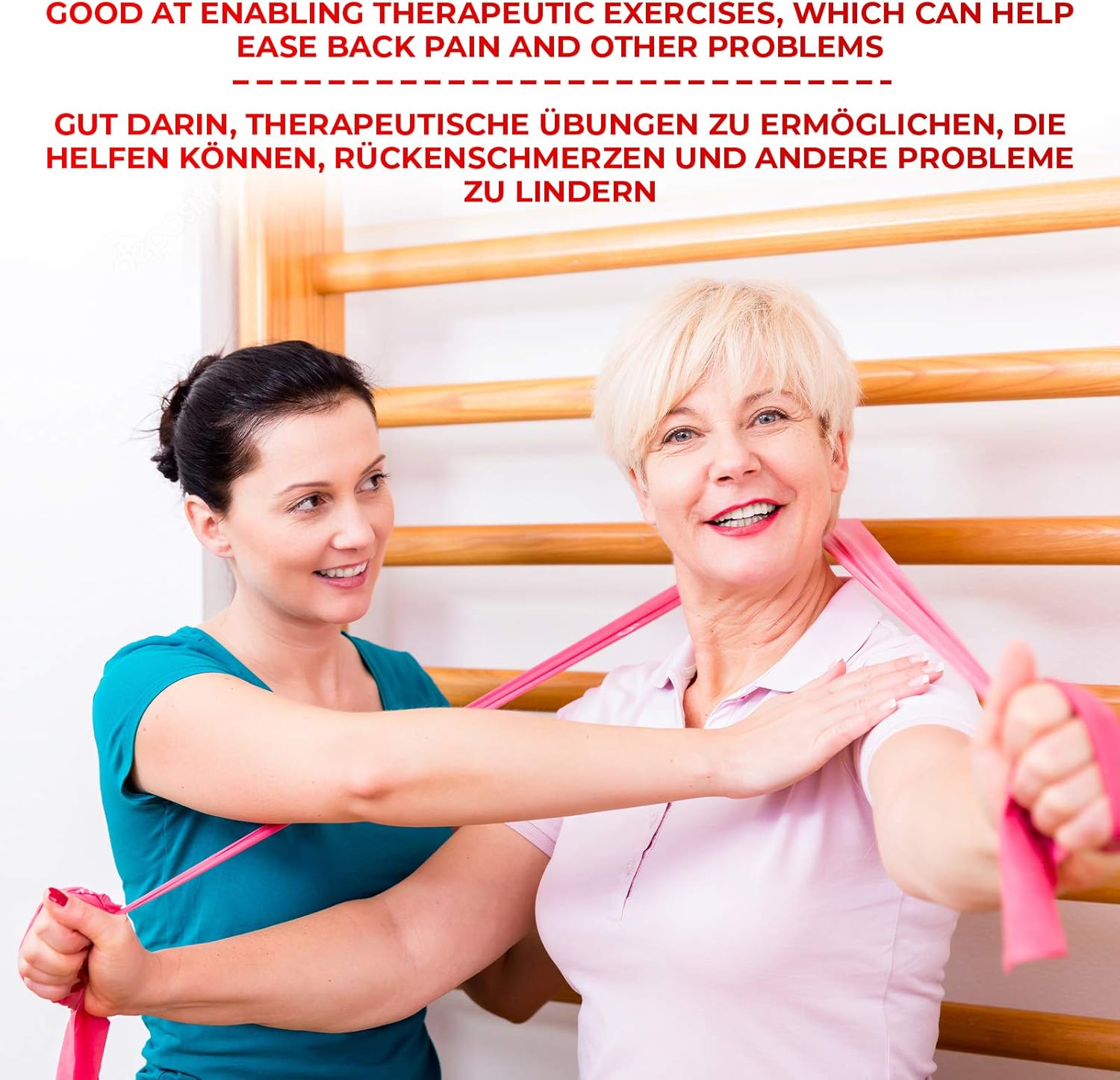 Two women engaged in therapeutic exercises using wall bars, potentially for back pain relief.