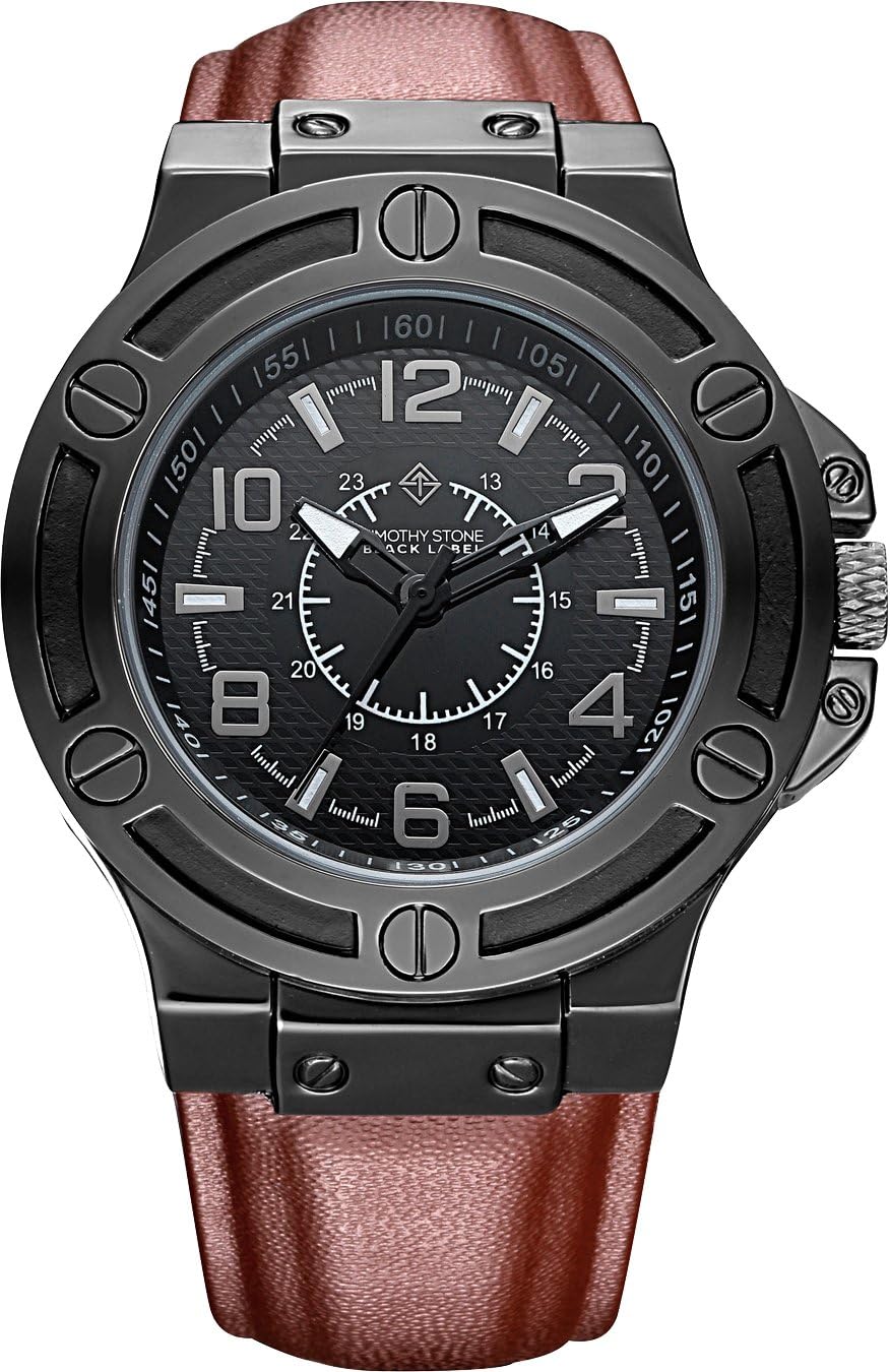 Timothy Stone Mens Watches Sporty Brown Leather Band Quartz Analog Wrist Watch for Men