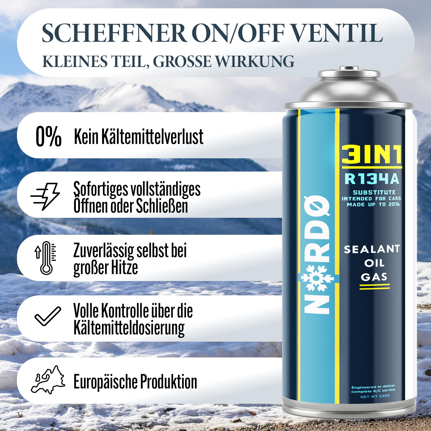 Nordo - 3in1 R134a Kältemittel Ersatzgas – Kühlmittel Klima Auto mit Klima Dichtmittel und Öl – 3 x 235 g Gasflaschen Set – Auto Klimaanlage Nachfüllset – Klimaanlage Wohnmobil – ECO