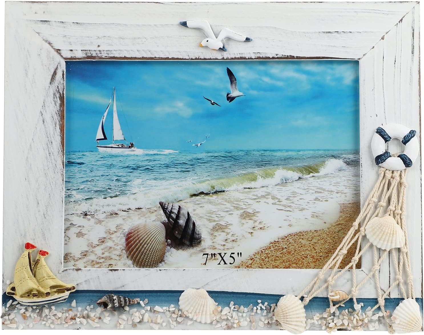 VOSAREA Nautical Photo Frame Beach Coastal Wooden Picture Holder with Ocean Seashell Ornaments Vintage Sculptural Photo Holder Art Tabletop Decorations Home Nautical