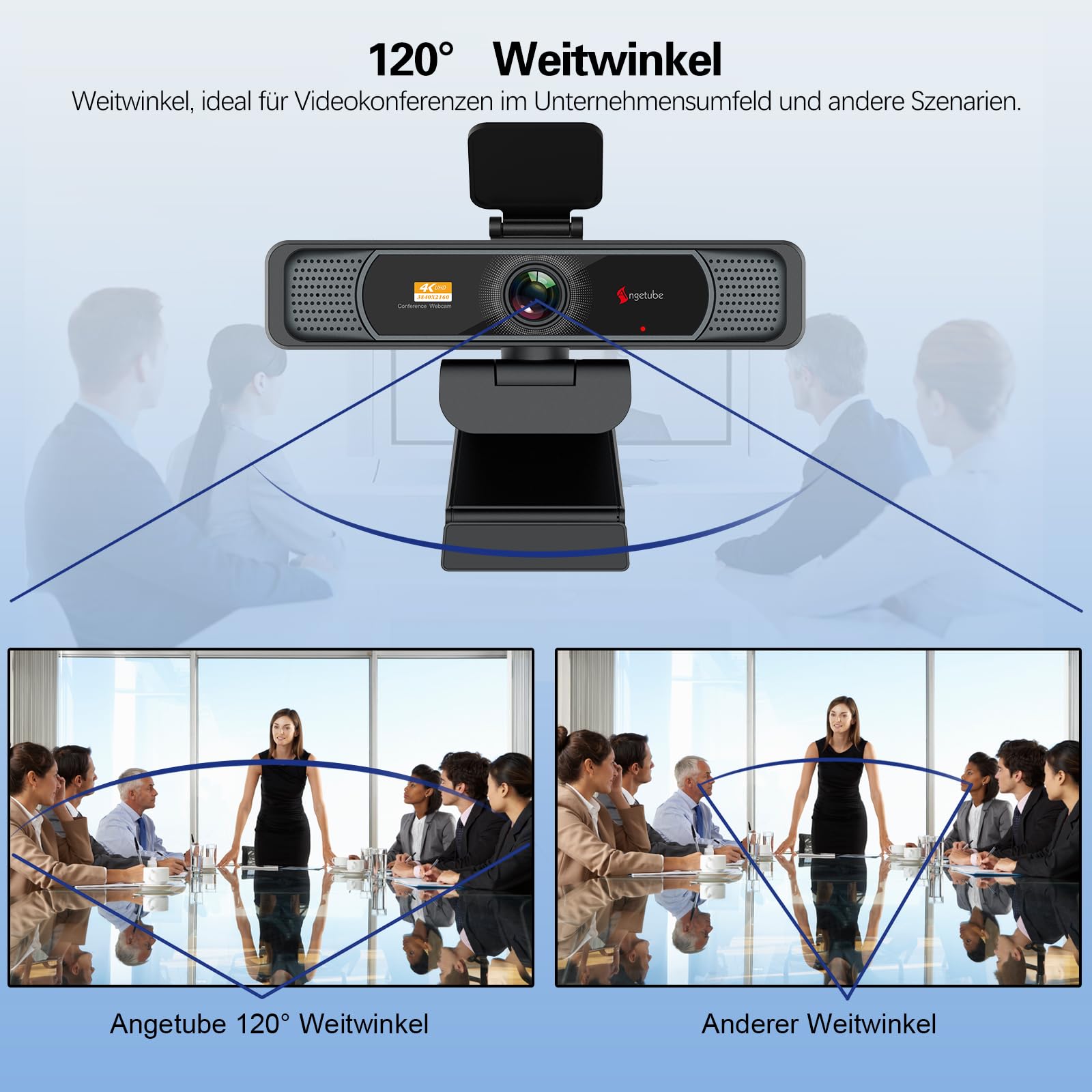Angetube 914Max 4K Webcam - Streaming-Kamera für PC mit 120° Weitwinkel, PDAF Autofokus, Dual-Mikrofone mit Rauschunterdrückung, 1080p@60FPS, kompatibel mit Laptop, Mac, Teams, Desktop
