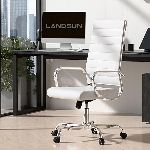 Miniatura 2 de LANDSUN Silla de oficina en casa, de cuero acanalado, respaldo alto, giratoria, ejecutiva, sillas de escritorio para computadora con ruedas y