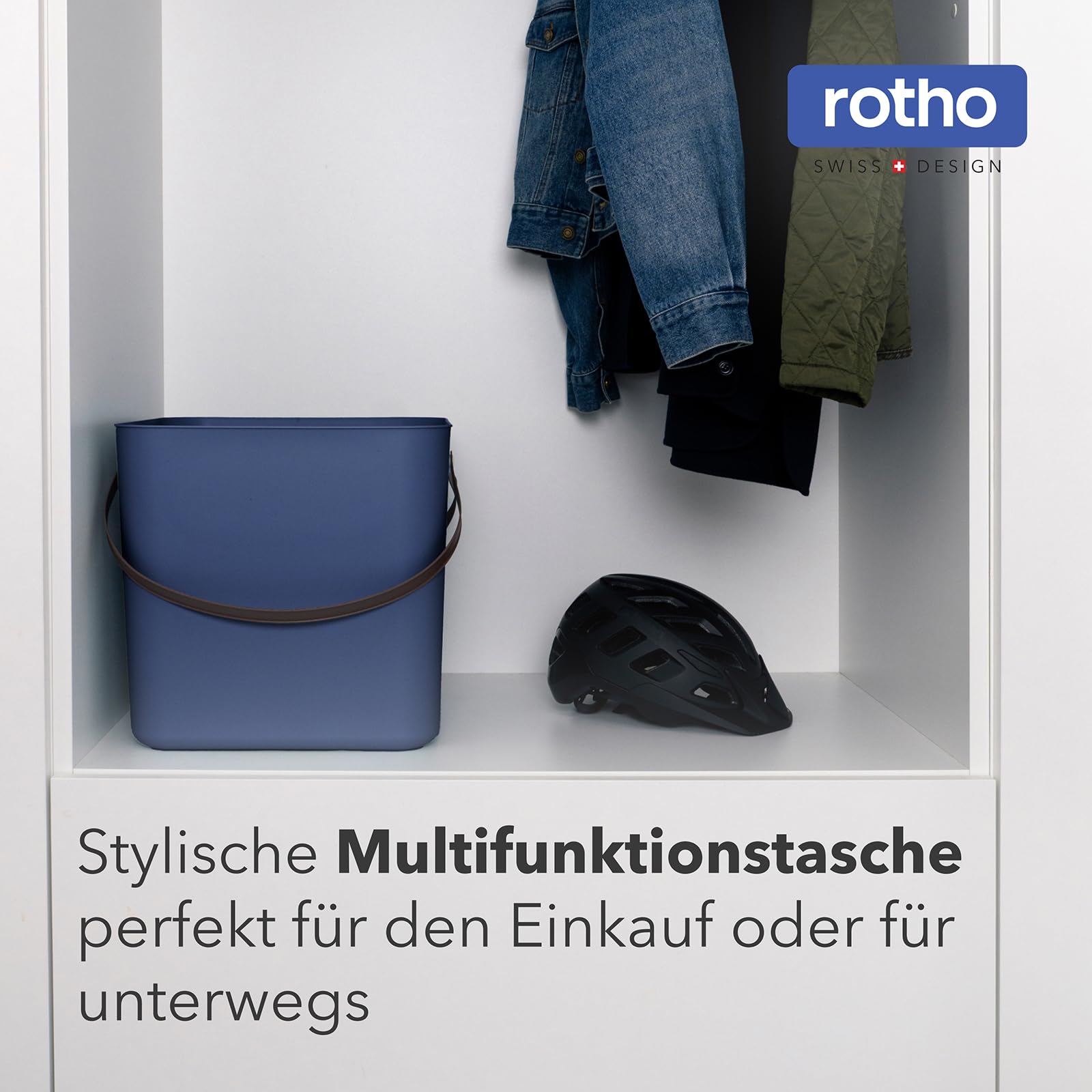 Rotho Albula Cesta de Compra Grande, 40 L / 40 kg, Plástico Reciclado, Azul Marino con Asas Estilo Cuero - Maletero, Jardín, Picnic, Almacenamiento
