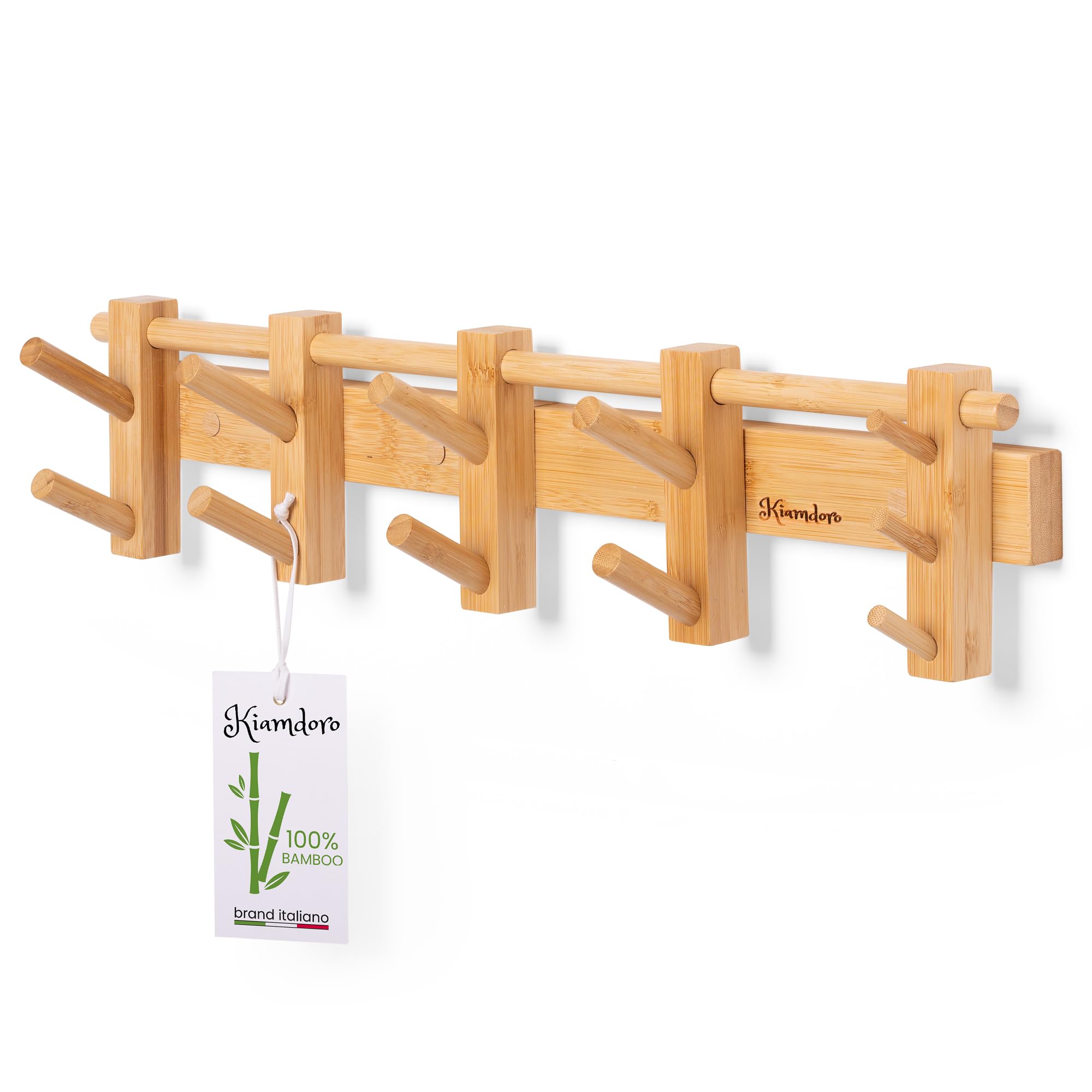 Attaccapanni da parete - 58cm - Appendiabiti da Parete Legno Ecofriendly - 4 Ganci Doppi di cui 2 Mobili - Appendiabiti da Muro - Portachiavi da Parete Design
