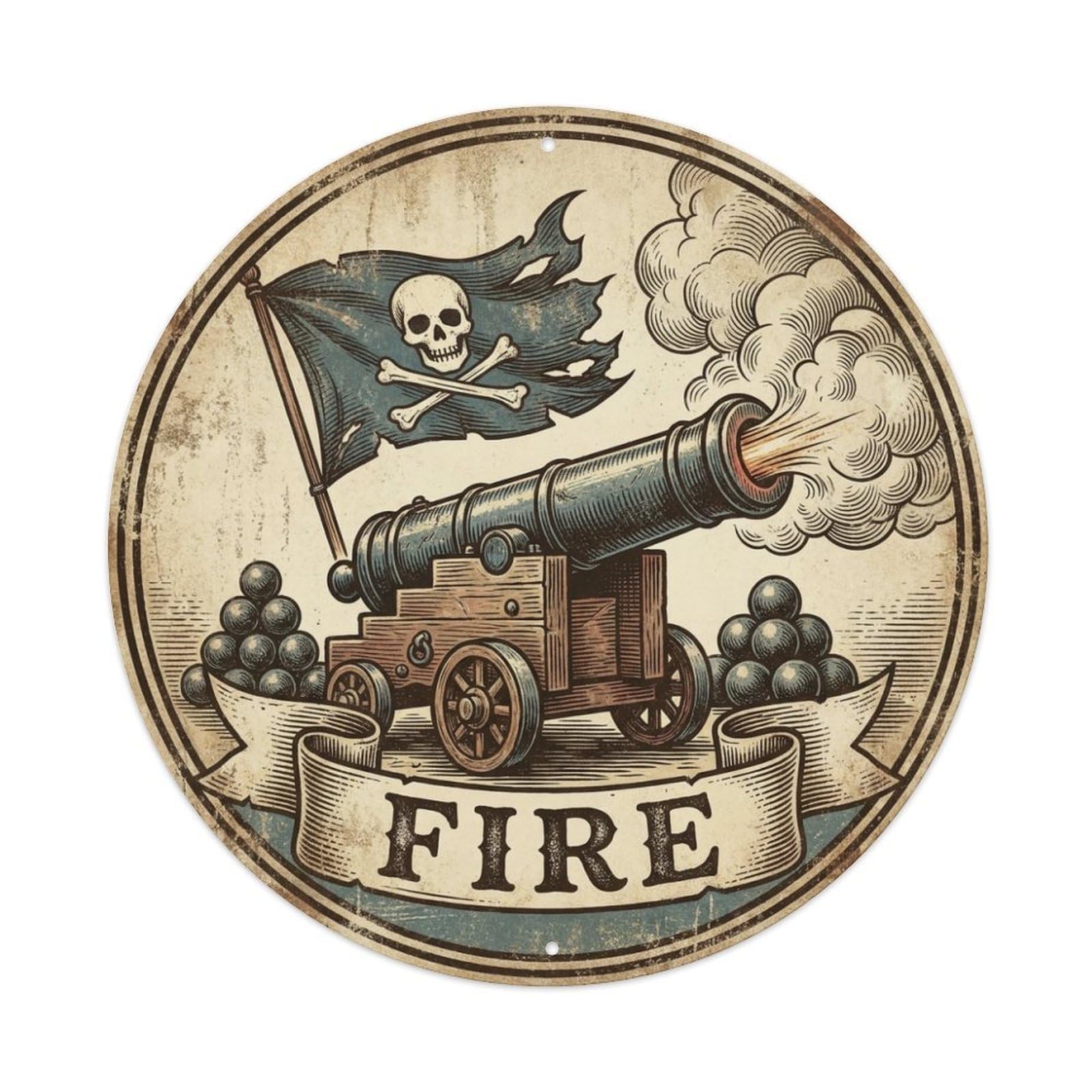 Fire Big Cannon Smoke Jolly Roger Flag Broadside Emblem Metal Tin Sign