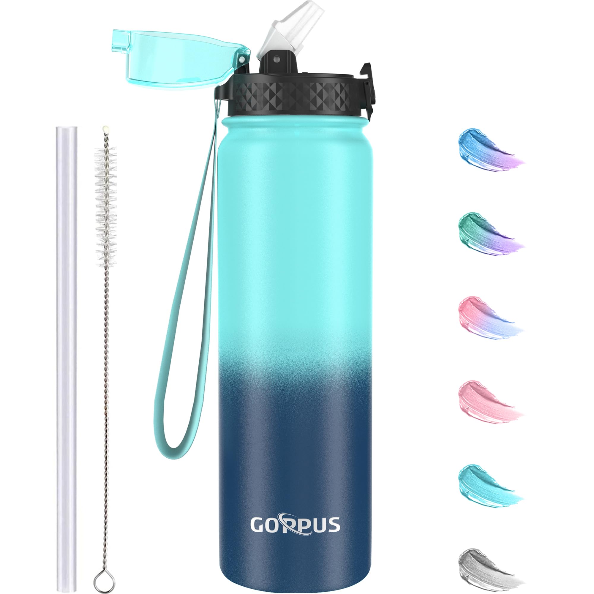 GOPPUS 1L/32oz Stainless Water Bottle with Straw Double Wall Insulated Bottles with Strap Reusable Vacuum Thermal Flask Leakproof Keep Cold Drinks Bottles with Flip Top Lid for Gym Men Women BPA Free — image 1