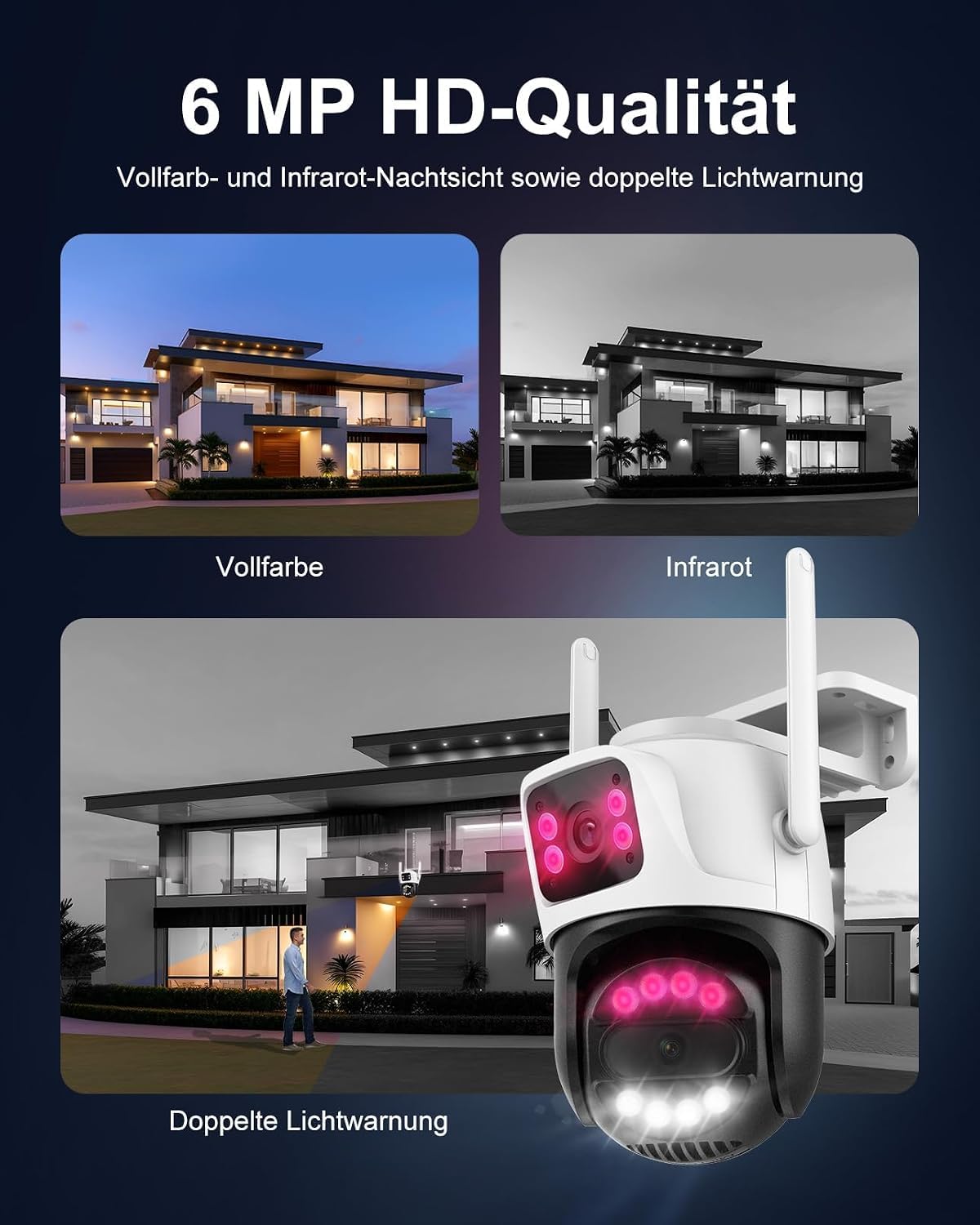 Telecamera di sorveglianza da 6 MP Dual Lens per esterni, Wi-Fi, telecamera di sicurezza WiFi con 2 obiettivi e doppio schermo, PTZ 355°/90°, rilevamento persone, rilevamento automatico, visione