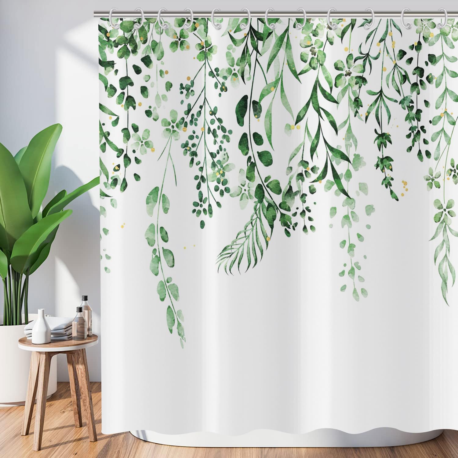 ASDCXZ Leaves Shower Curtain 150x180 cm, Spring Hand Painted Simplicity Green Leaves Yellow Spot White Washable Shower Curtains Polyester Textile Waterproof Bath Curtain for Bathtub with 10 Hooks โ image 1