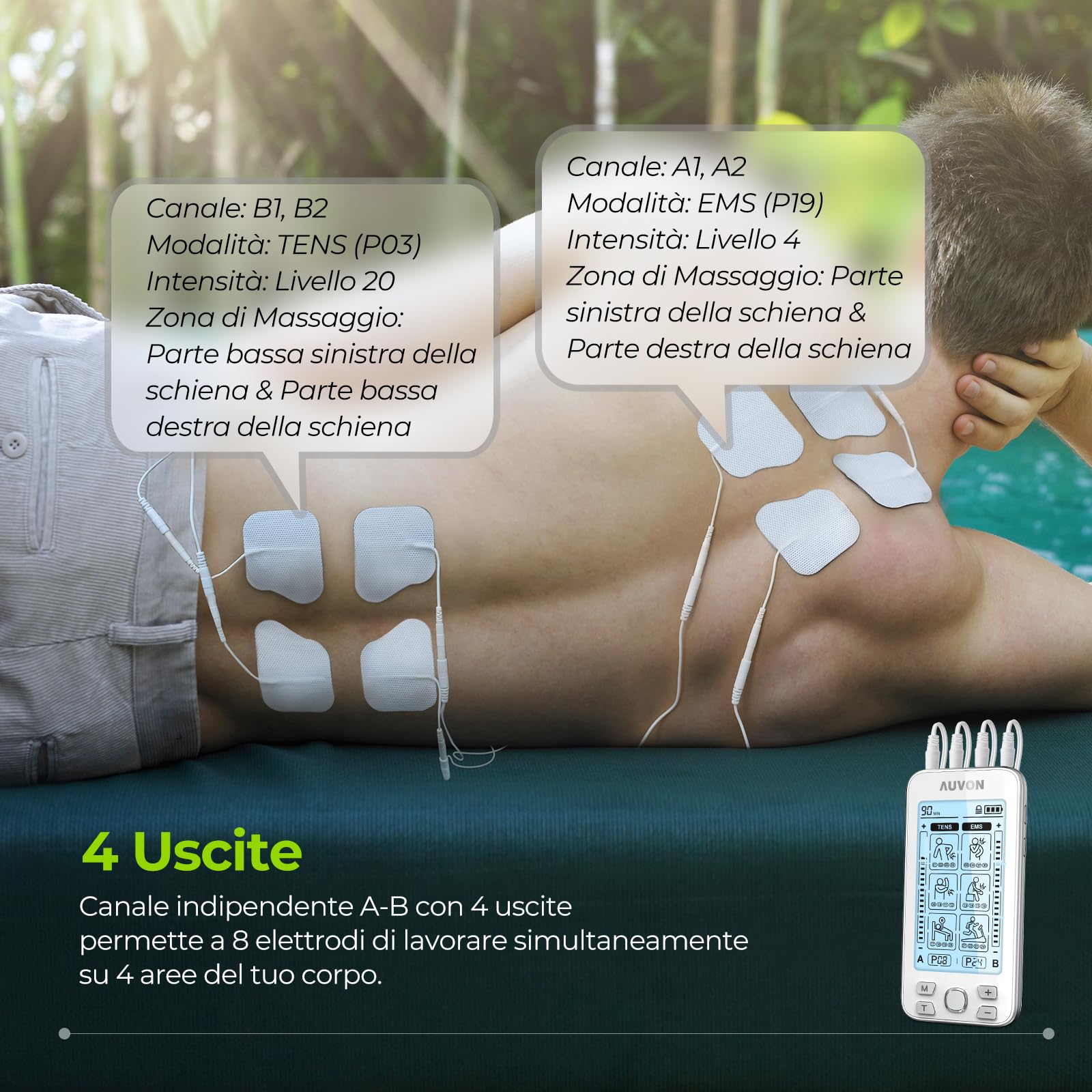 AUVON TENS EMS Elettrostimolatore, elettrostimolatore professionale a 4 Canale terapia antidolorifica con 24 modalità e 10 pezzi di Elettrodi TENS da 2"x 2" con un design brevettato (Bianchi)