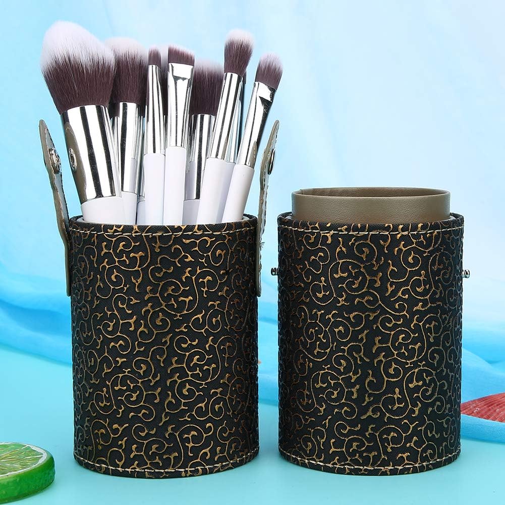 Yctze Portable Travel Cosmetic Container Tool - Makeup Brush Holder with Lid, PU Leather Cup Tube, Organizer for Makeup Tools and Accessories (Bronze dragon claw pattern small bucket)