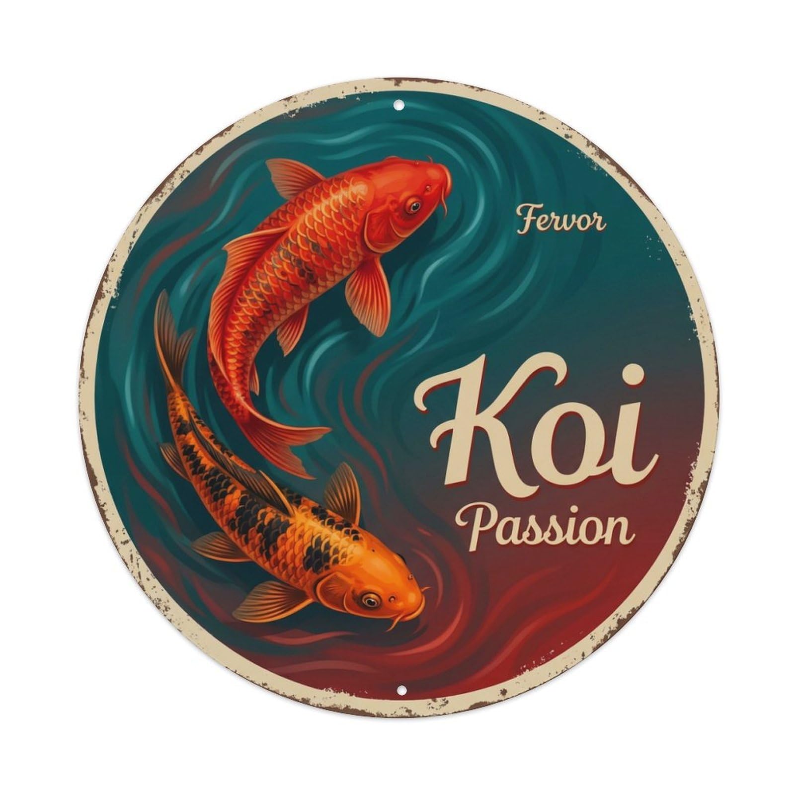 Fyrn Style Metal Tin Sign Koi Fish Flame Fiery Burning Japanese Vintage