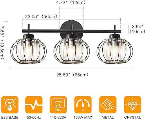 Miniatura 2 de YHTlaeh Moderna lámpara de tocador de cristal, 3 luces para baño, color negro mate, lámpara de pared de baño (farol)