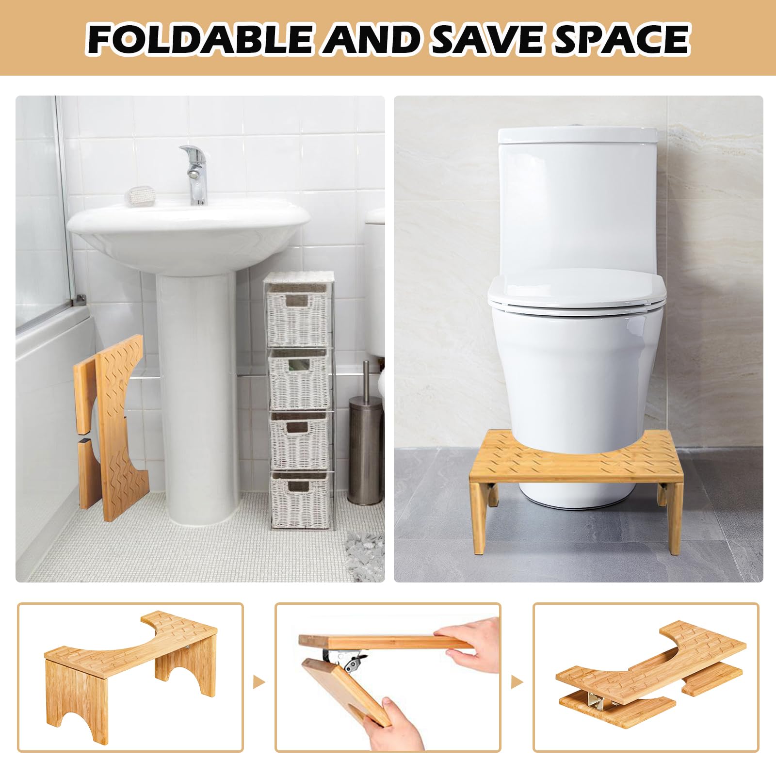 PORFOYO Sgabello WC pieghevole, sgabello WC in bambù per adulti, sgabello per WC antiscivolo, sgabello pieghevole portatile in bambù, sgabello da bagno pieghevole per stitichezza e gonfiore
