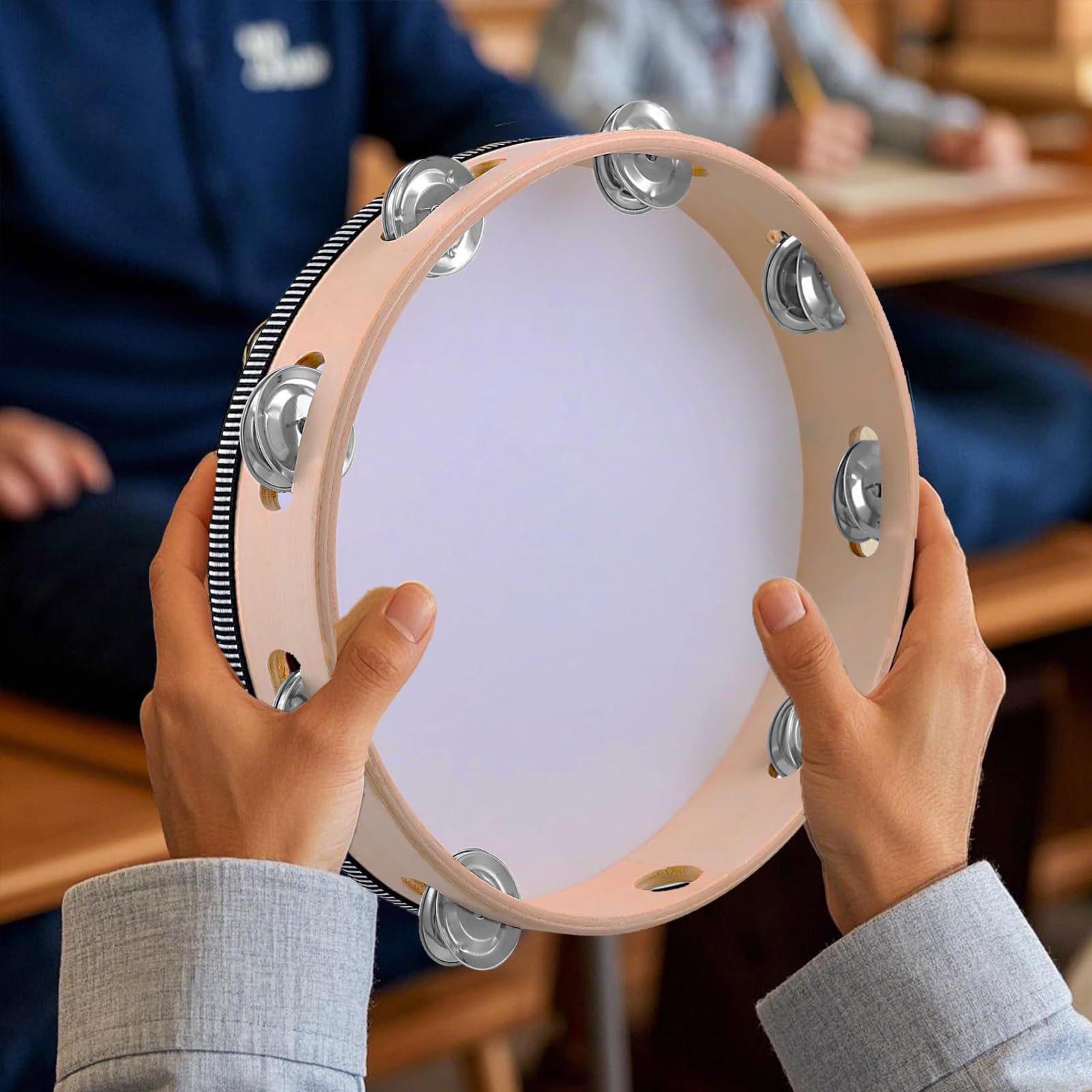Lot de 4 tambourins en bois pour église, karaoké, éducation musicale - Beige - 25 cm