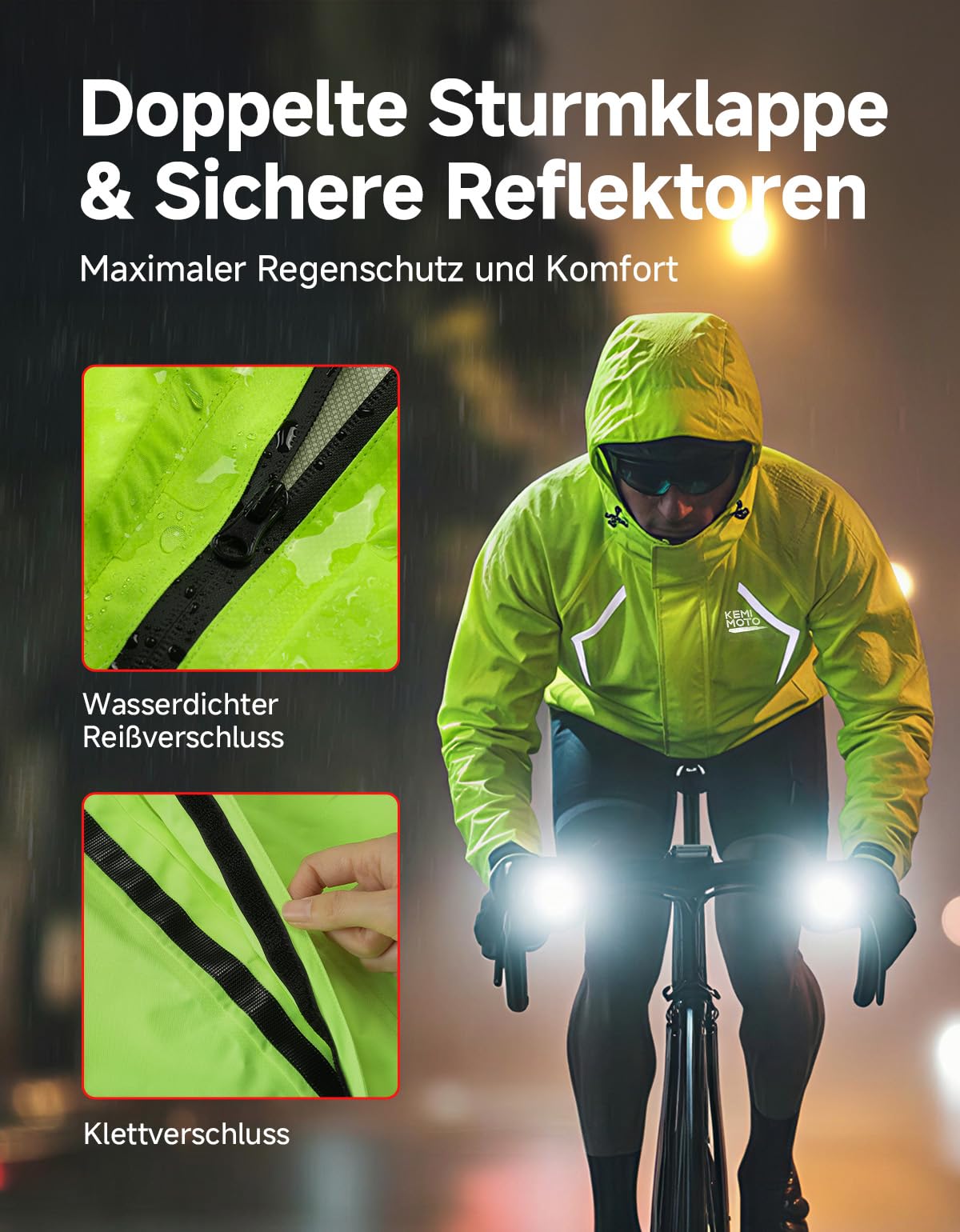 KEMIMOTO Fahrrad Regenjacke Herren, 10.000mm Wasserdicht & 8.000g Atmungsaktiv, Radjacke mit Patentierter 180° Rotations-Kapuze, Doppelter Windleiste, Packbare Regenbekleidung für MTB Rennrad Pendeln