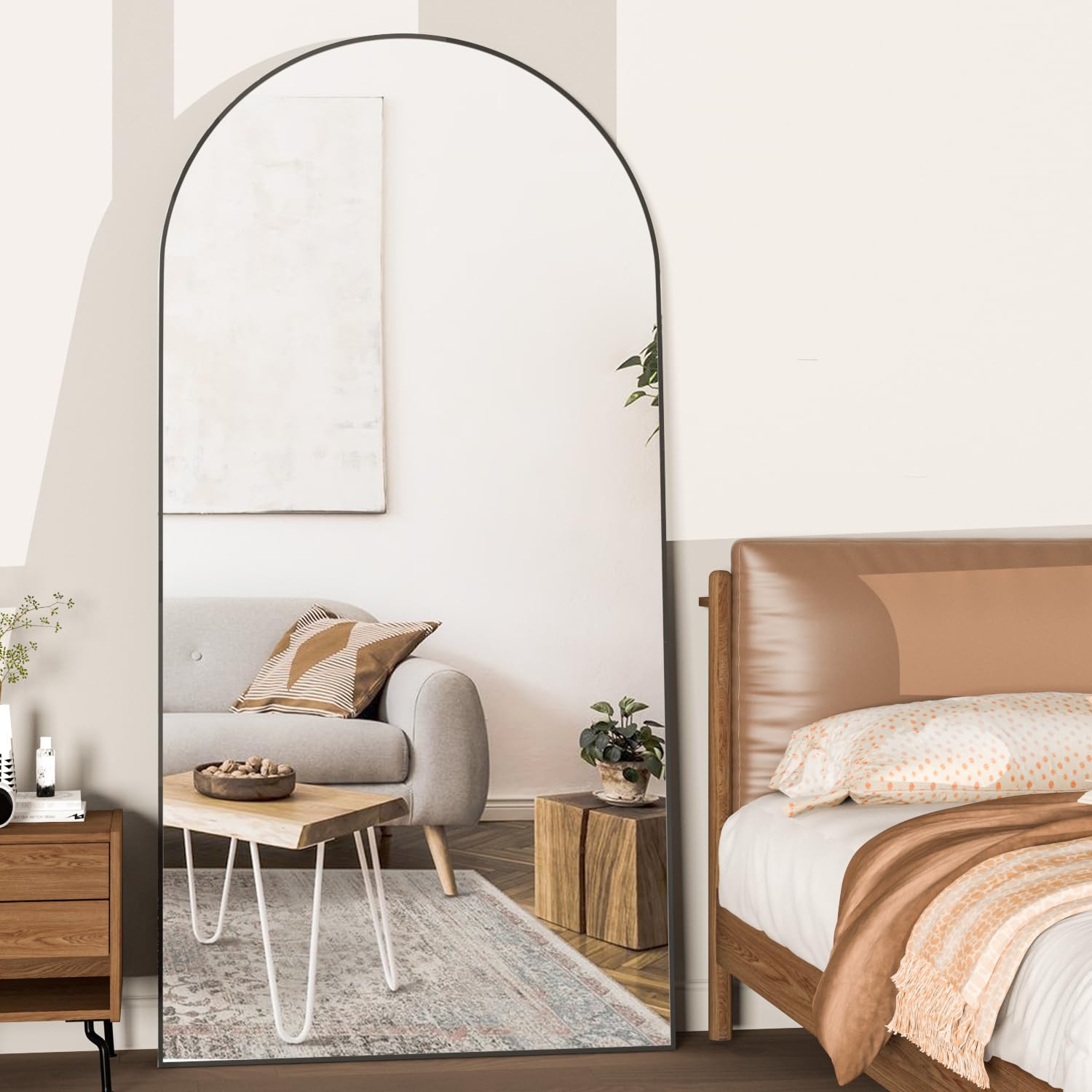 Elemango 193x86cm Arched Floor Full Length Mirror, Full Body Wall Mirror with Aluminum Frame, Arched-Top Full Dressing Mirrors Standing Hanging or Leaning for Bedroom Living Room, Black — image 1