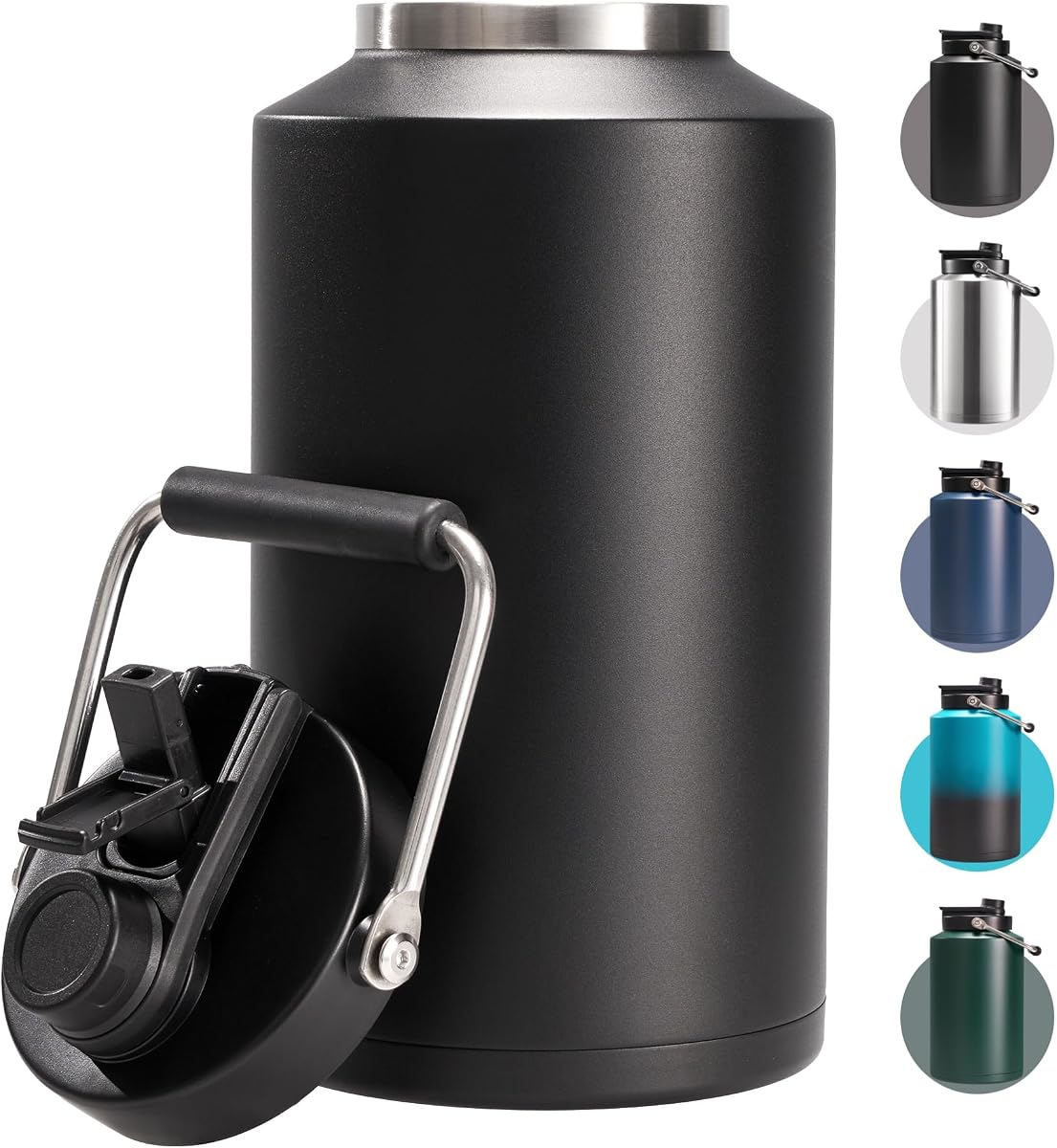 Fijinhom One Gallon Insulated Water Bottle for Travel: 2-in-1 Straw and Spout Lid, Keep Cold 24Hrs, Leakproof, 128oz Water Jug With Handle, Vacuum Stainless Steel for Sports, Hiking, Trip (Black)