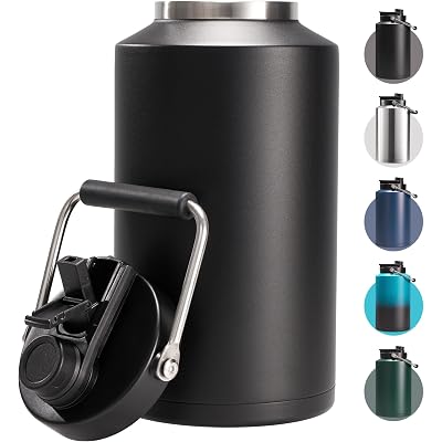 Fijinhom One Gallon Insulated Water Bottle for Travel: 2-in-1 Straw and Spout Lid, Keep Cold 24Hrs, Leakproof, 128oz Water Jug With Handle, Vacuum Stainless Steel for Sports, Hiking, Trip (Black)