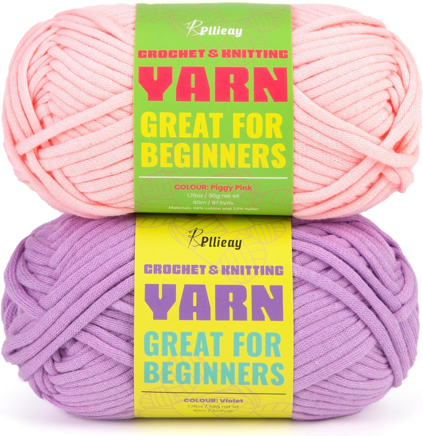 Pllieay2x50g Packs Violet and Piggy Pink Yarn for Crocheting and Knitting, Yarn for Beginners Knitting Yarn with Easy-to-See Stitches - Worsted Medium #4 Yarn - Cotton-Nylon Blend