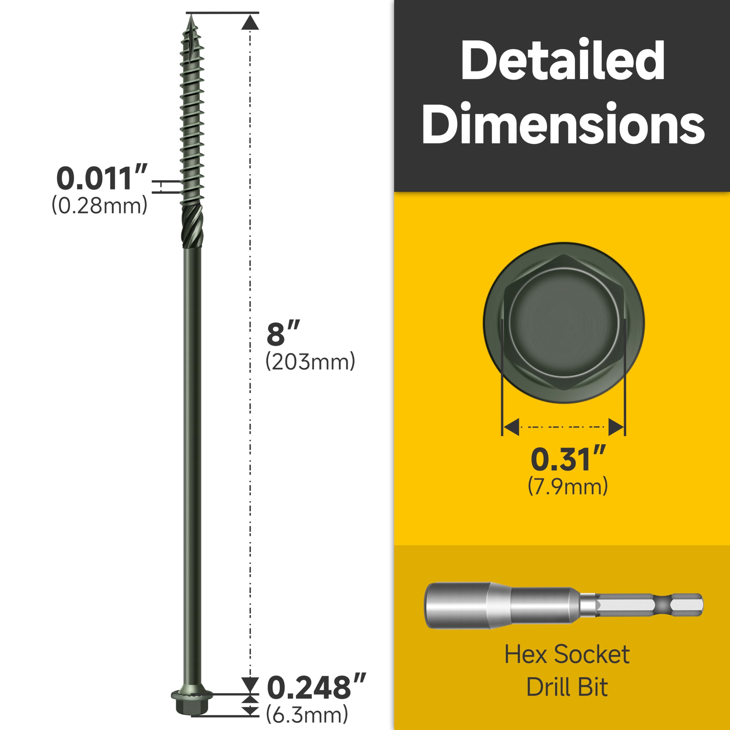 Mywish Paquete de 100 tornillos de retraso exteriores #14 x 8 pulgadas, arandela hexagonal dentada de 6.3 x 100 mm, tornillo de madera estructural, tornillo de construcción resistente, revestimiento