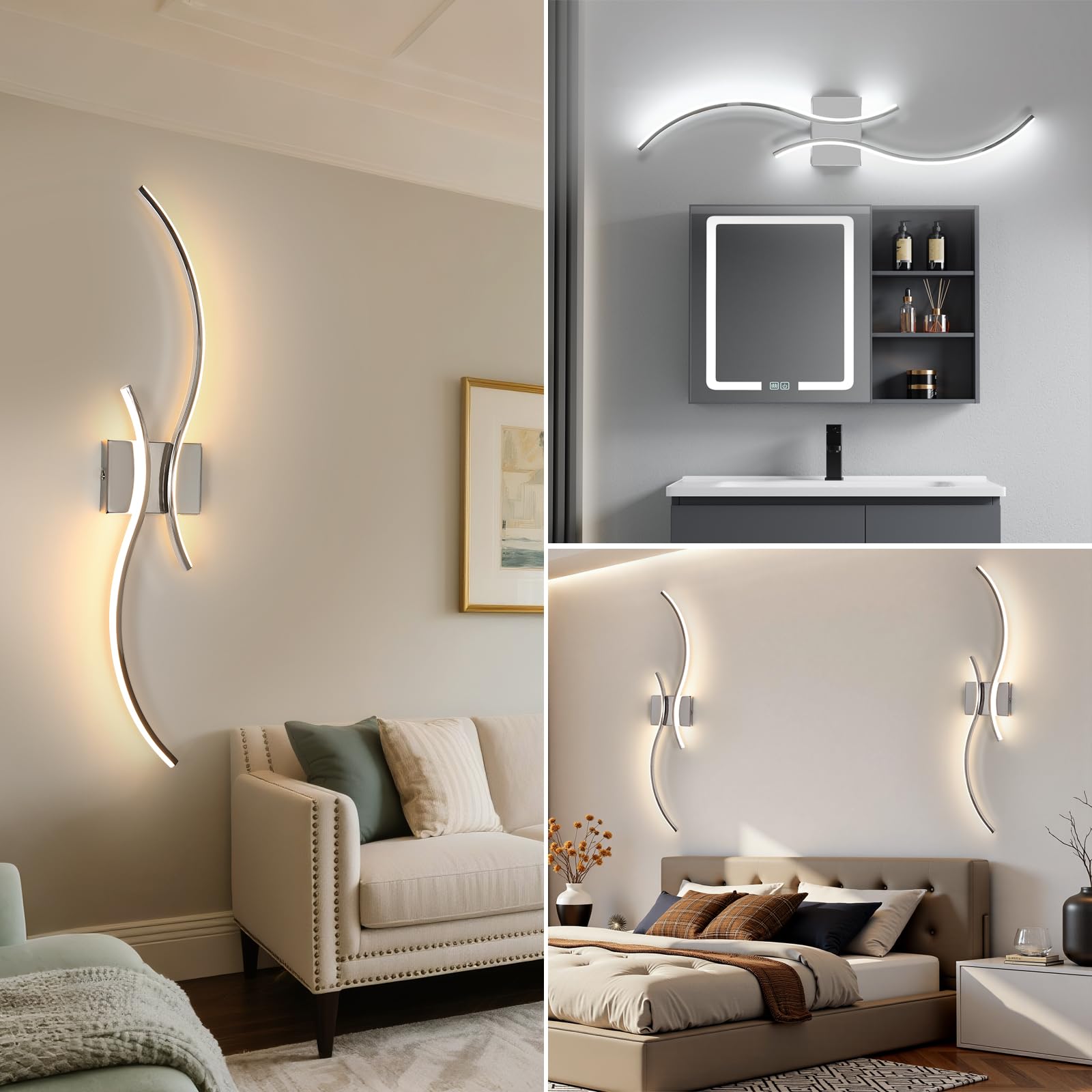 Comely Wewnętrzny Kinkiet LED, 32W Światło Liniowa Lampa Ścienna, Nowoczesne Aluminiowe Kinkiety Regulowane Z Pilotem Do Sypialni Korytarza Salonu Schodów (Chrom, 80CM)