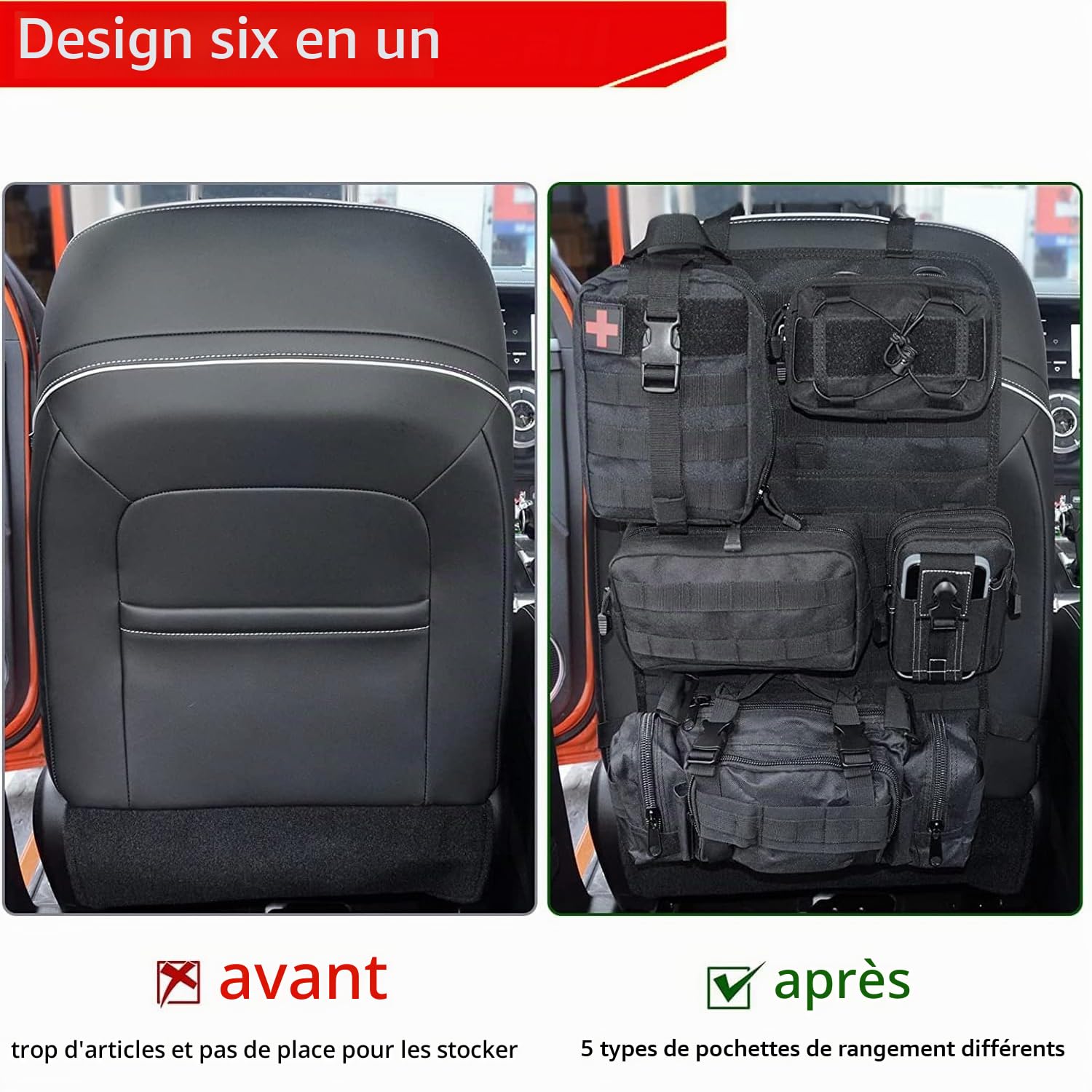 Organisateur Voiture 6-en-1 Tactique - Organisateur de Siège Auto Arrière Universel avec Poches Multi-fonctions, Imperméable pour Famille et Voyage