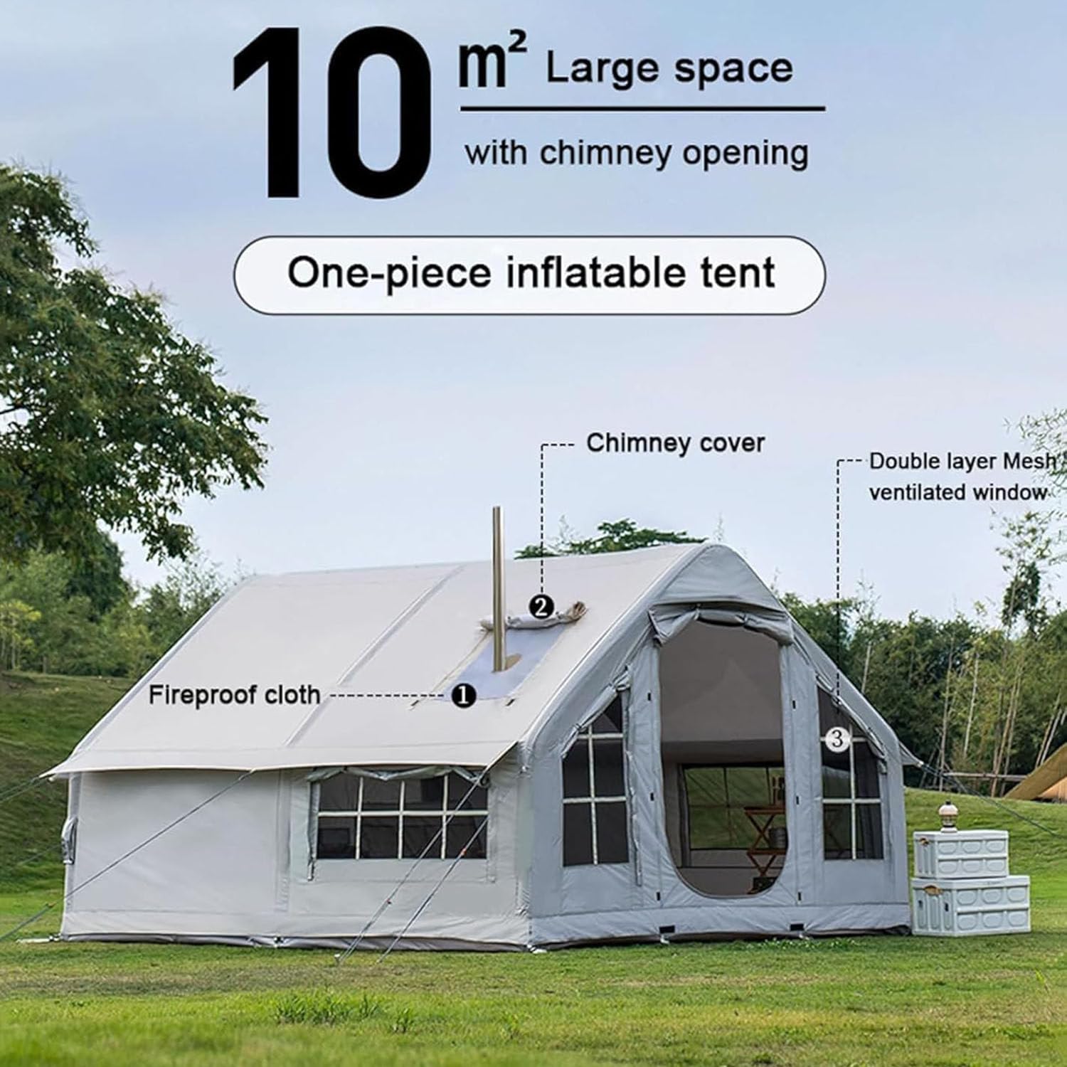 Tente gonflable pour 8 personnes, installation rapide, tente de camping d'extérieur avec cheminée et lucarne, grande tente familiale